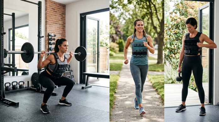 Women using weighted vests for home workouts, walking, and strength training