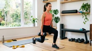 Woman following a 5 day total body workout plan in a bright home workout space.