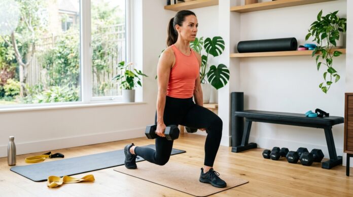 Woman following a 5 day total body workout plan in a bright home workout space.
