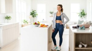 Fit woman in activewear standing confidently in a bright home wellness space with healthy food and fitness equipment, representing sustainable weight loss and healthy lifestyle habits.