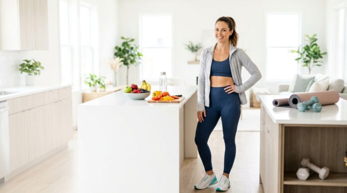 Fit woman in activewear standing confidently in a bright home wellness space with healthy food and fitness equipment, representing sustainable weight loss and healthy lifestyle habits.