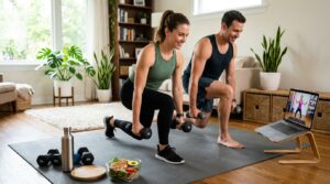 Woman and man following a free video workout and diet plan at home.