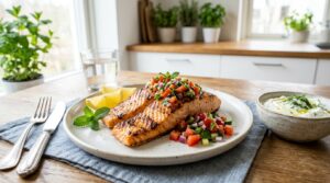 : Grilled salmon topped with minted salsa served with lemon wedges and fresh healthy ingredients.