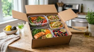 Fresh paleo meal delivery box with prepared healthy meals on a kitchen counter.