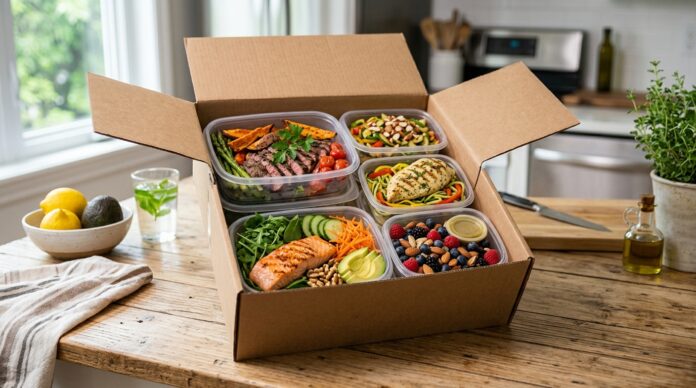 Fresh paleo meal delivery box with prepared healthy meals on a kitchen counter.