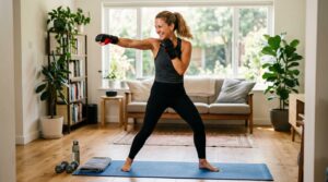 40-year-old mom learning boxing at home in a bright living room.