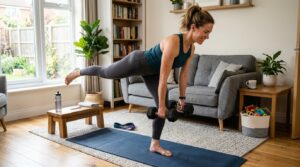 Busy mom doing a 20 minute home leg workout with dumbbells in a bright living room.