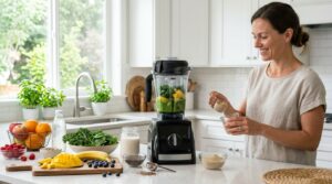 High-end Vitamix blender on a kitchen counter with fresh smoothie ingredients in a bright home kitchen.