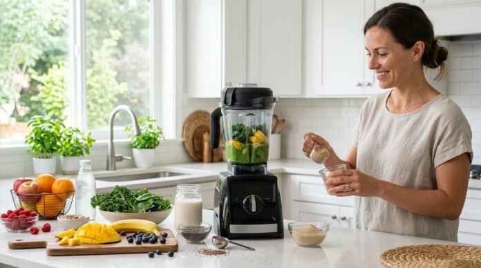 High-end Vitamix blender on a kitchen counter with fresh smoothie ingredients in a bright home kitchen.