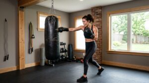 : Woman doing a heavy bag boxing workout at home while wearing boxing gloves and athletic clothing