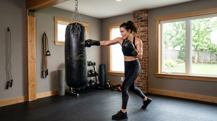 : Woman doing a heavy bag boxing workout at home while wearing boxing gloves and athletic clothing