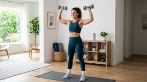 Woman doing an at-home arm workout with dumbbells in a bright home fitness space