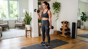 Woman doing an at-home arm workout with dumbbells in a bright workout space