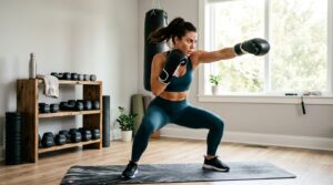Woman doing a fast boxing workout for home with squat punches and leg training equipment