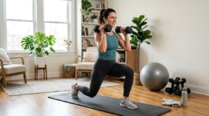 : Fit woman doing a home boot camp workout with dumbbells and a stability ball in a bright home workout space.