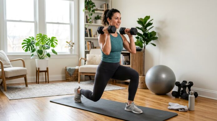 : Fit woman doing a home boot camp workout with dumbbells and a stability ball in a bright home workout space.
