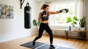 Woman doing a home boxing workout with boxing gloves in a bright indoor space