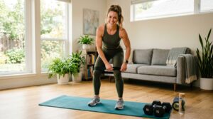 Fit woman doing a home leg workout with dumbbells and a mat to tone and strengthen her legs.