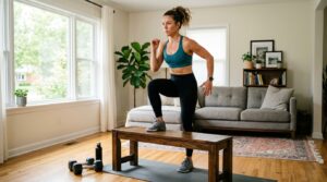 Woman doing a home leg firming workout with a bench and dumbbells in a bright living room.