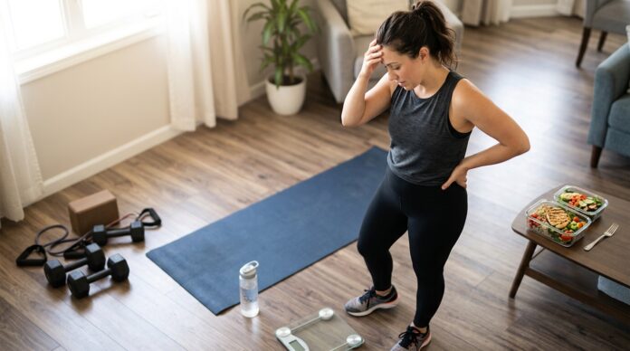 Woman working out at home but feeling frustrated about not losing weight.