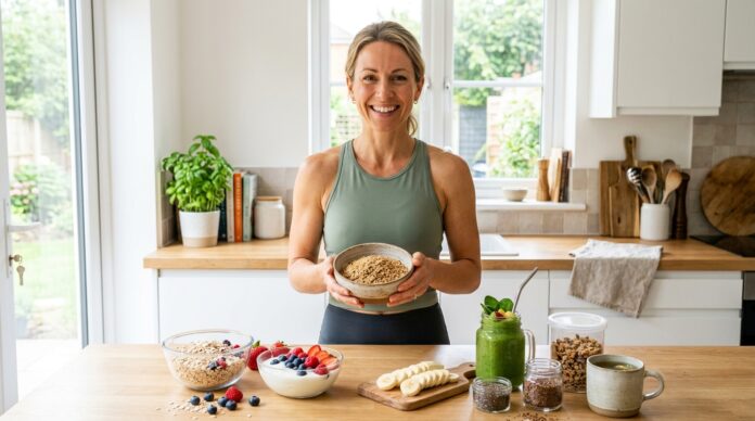 Fit woman holding a bowl of wheat germ in a healthy kitchen for women’s fitness nutrition