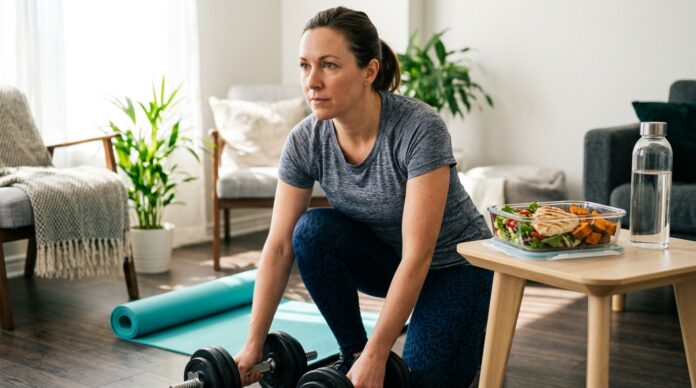 Woman in a home workout space focusing on healthy habits to burn belly fat.
