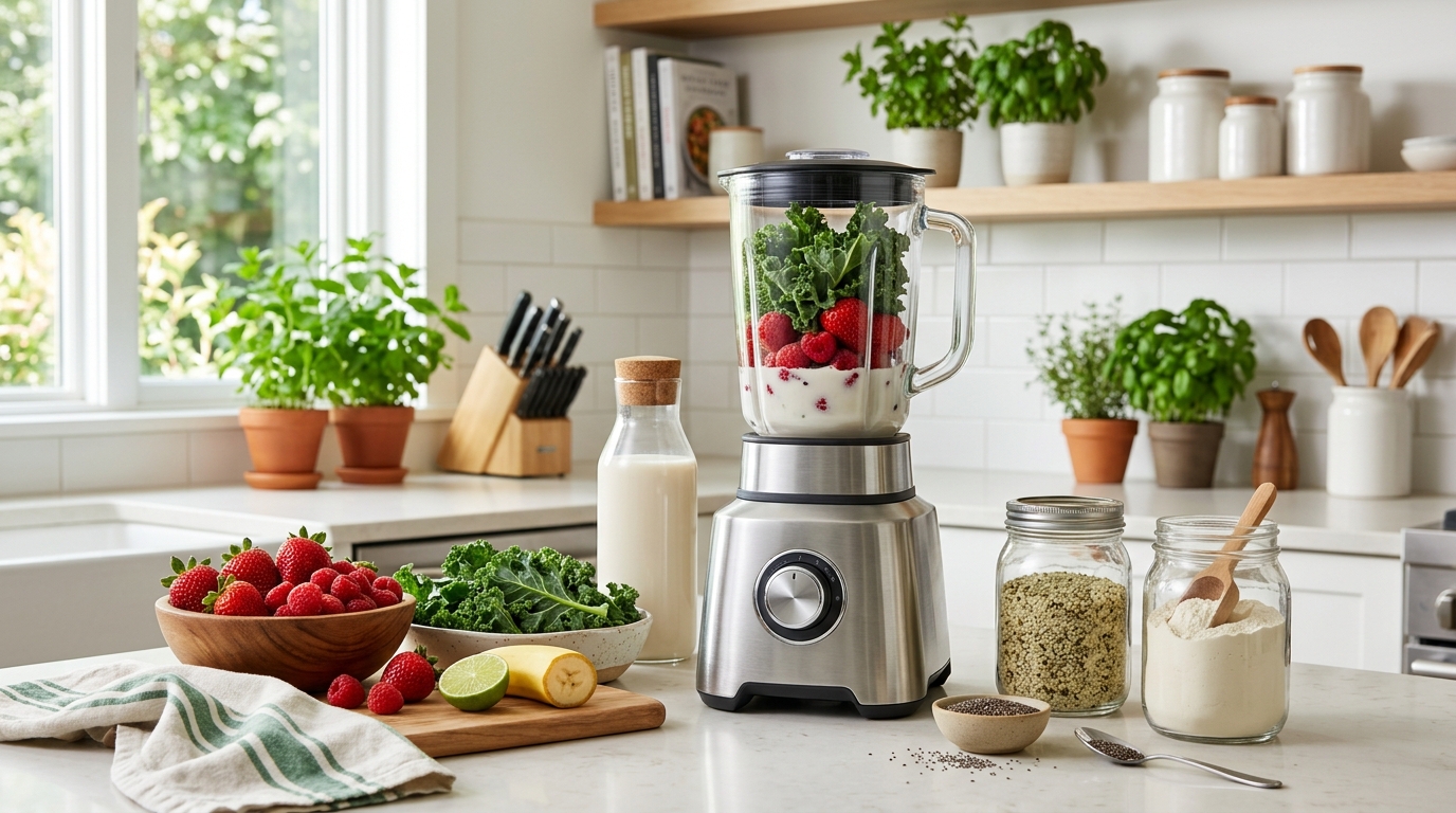 Blender with smoothie ingredients including berries, kale, non-dairy milk, hemp seeds, and protein powder.