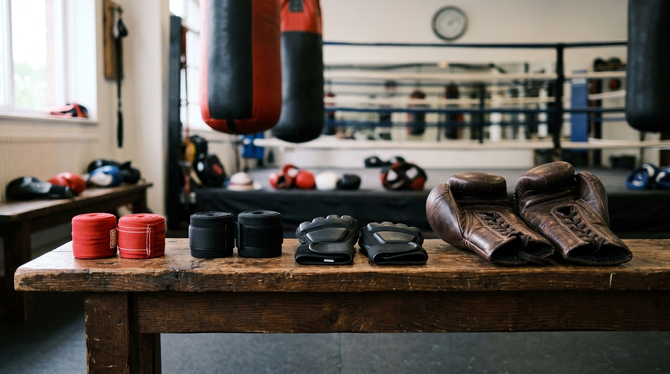 Three types of boxing hand wraps displayed neatly beside boxing gloves