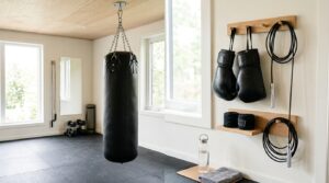 Home heavy bag workout setup with boxing gloves, hand wraps, jump rope, and water bottle