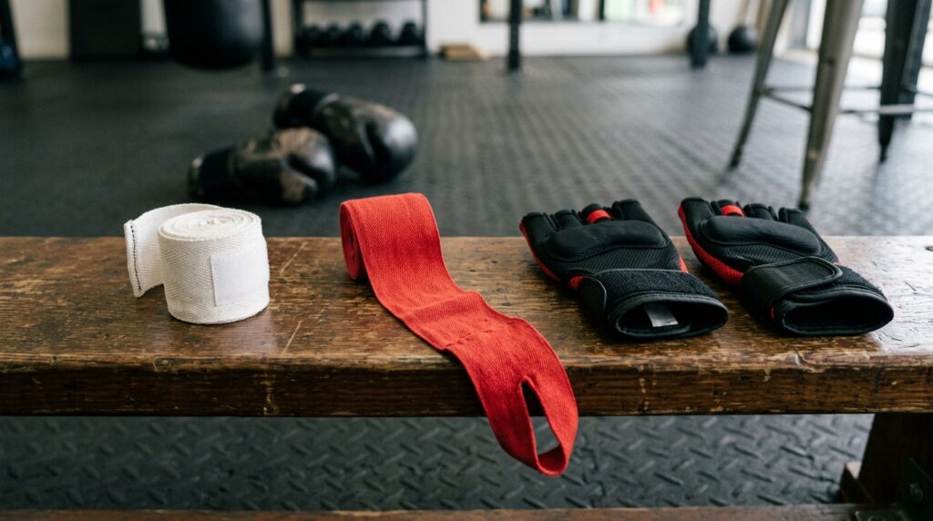 Close-up of cotton wraps, Mexican style wraps, and gel speed wraps beside boxing gloves.