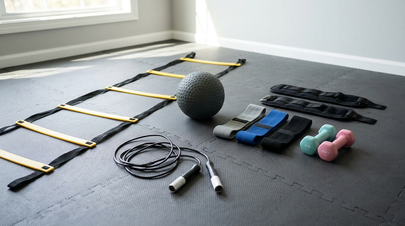 Jump rope, slam ball, resistance bands, dumbbells, agility ladder, and ankle weights arranged for a home HIIT cardio workout.