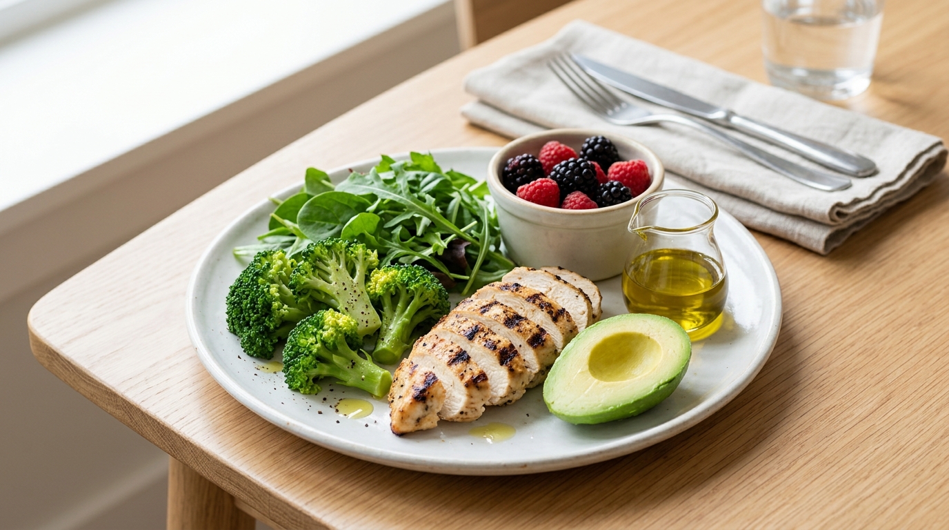 Keto meal plate with grilled protein, avocado, leafy greens, broccoli, olive oil, and berries.