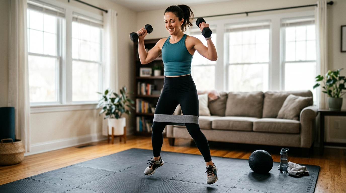 Woman performing a challenging home leg circuit with a booty band, dumbbells, and slam ball.