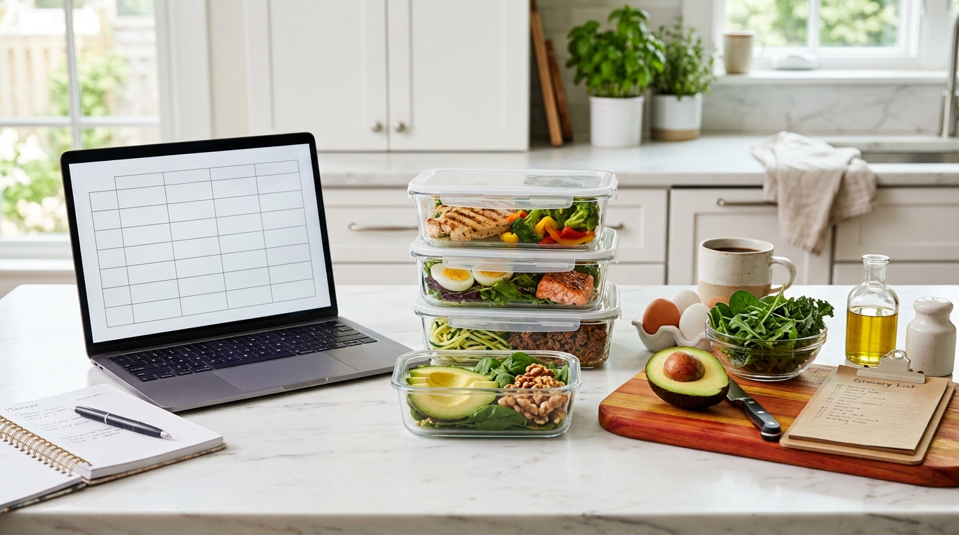 : Customized keto meal plan setup with meal prep containers, low-carb foods, and a grocery list.