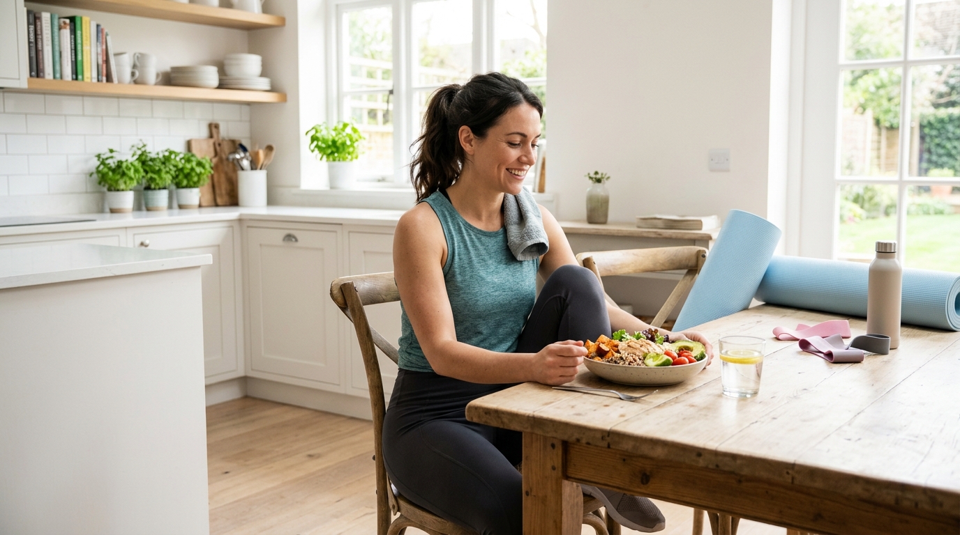 Woman pairing healthy eating with exercise as part of a fat-burning lifestyle.