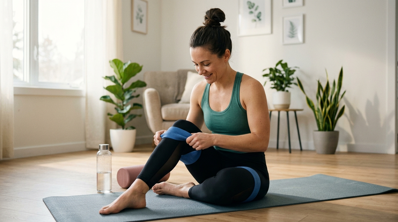 Woman preparing for a body weight workout by placing a resistance band around her thighs.
