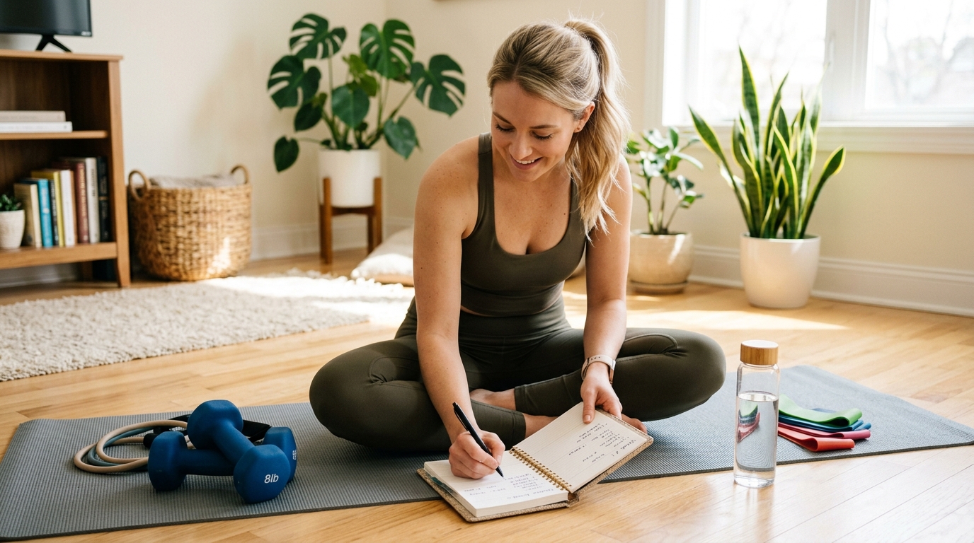 Woman planning a weekly strength training routine at home with dumbbells and workout gear.