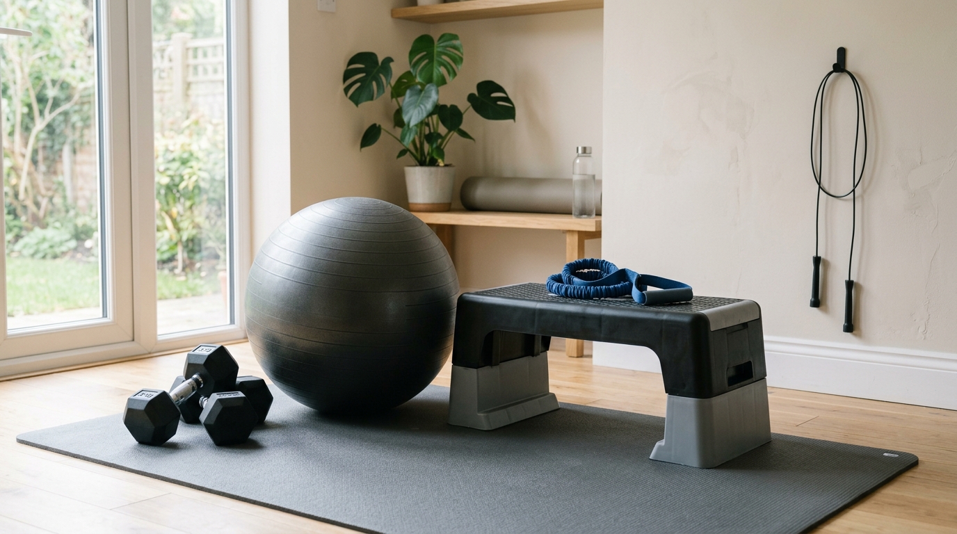 Home leg workout equipment including dumbbells, a fitness ball, a step box, and a resistance band.