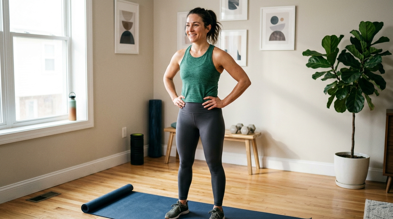 Woman standing confidently after finishing a challenging home leg workout.