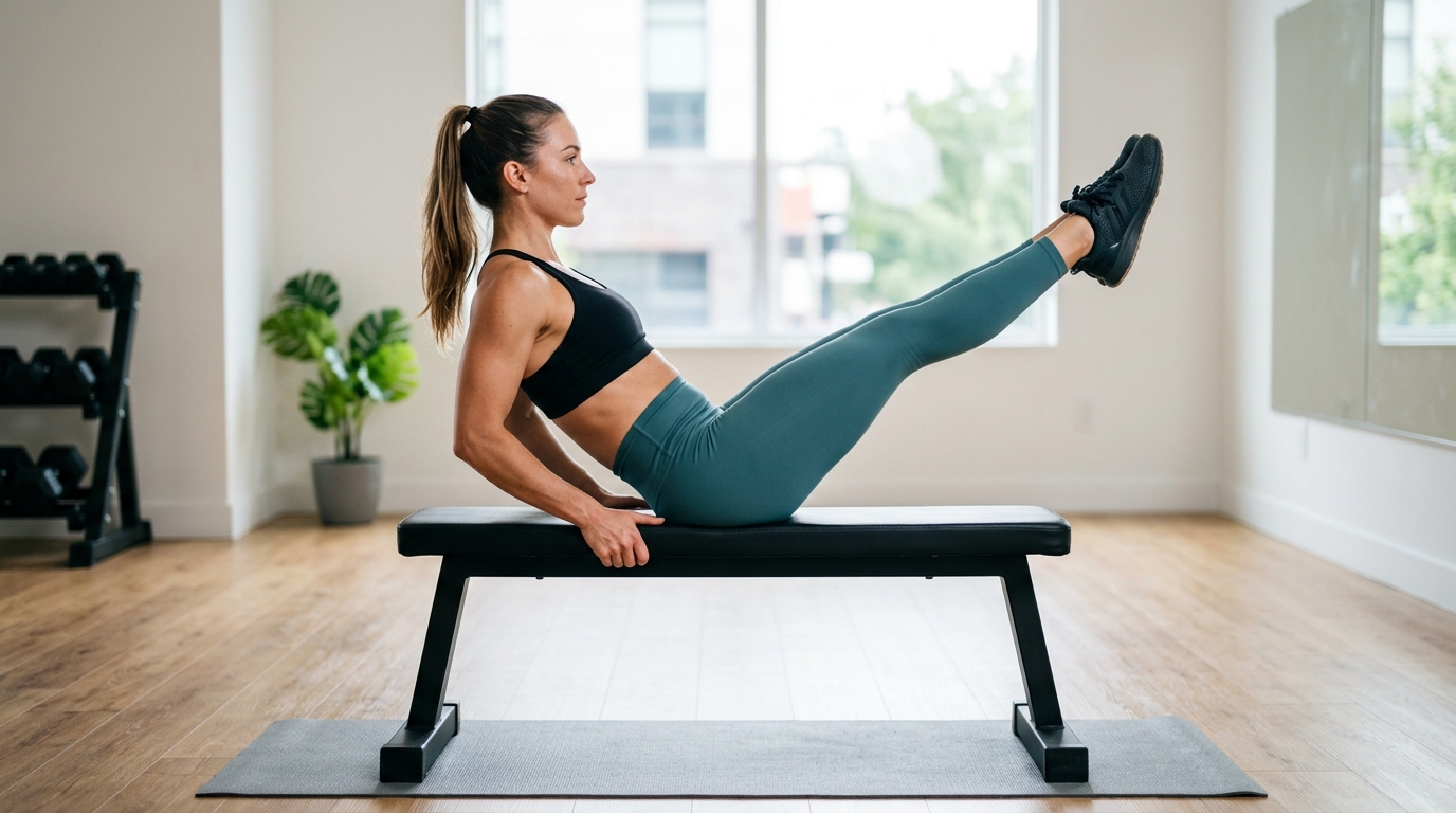 Woman demonstrating a three-exercise ab workout using a sturdy bench.