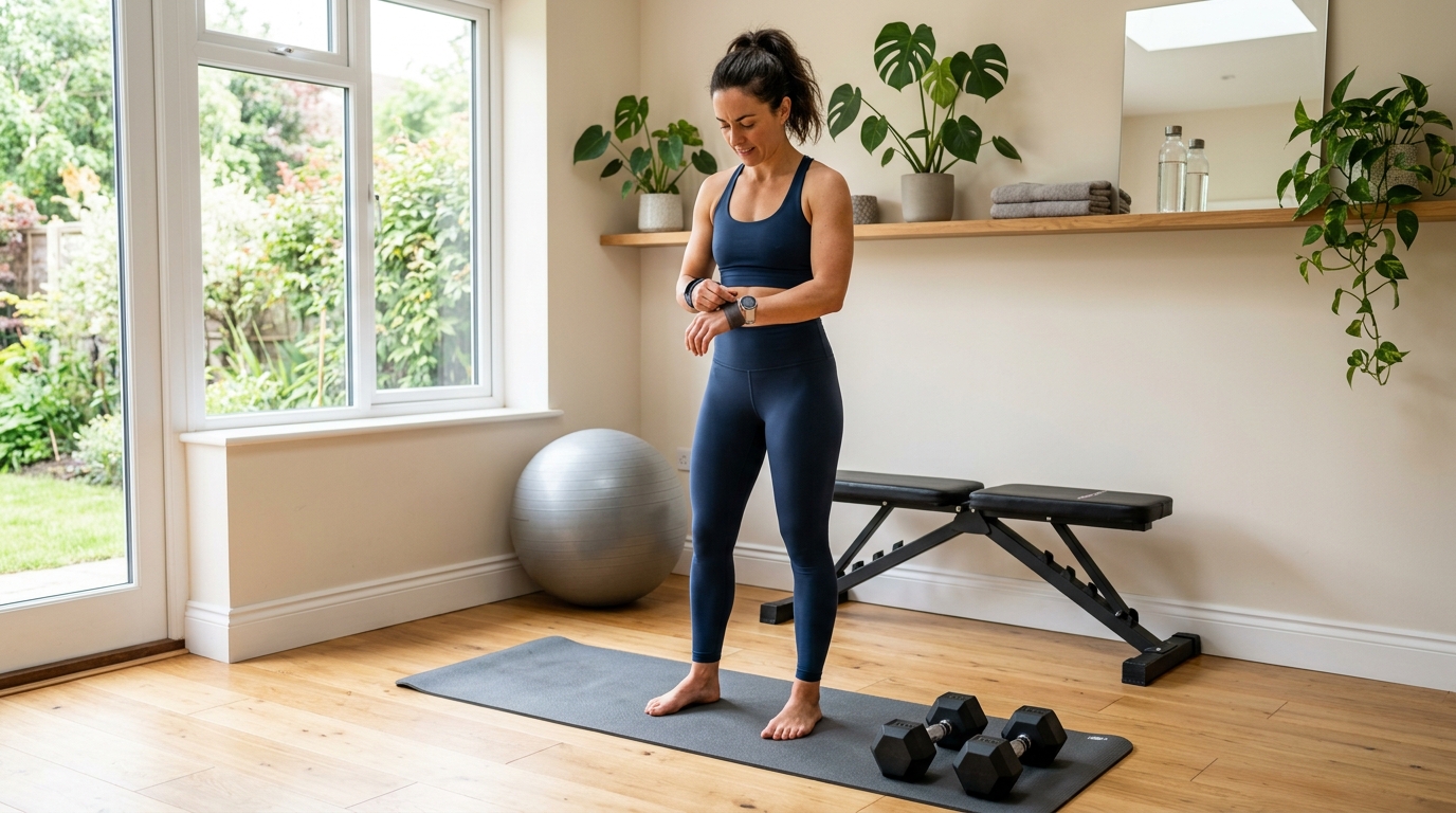 : Woman preparing for a home glute workout with a mat, fitness ball, bench, and dumbbell.
