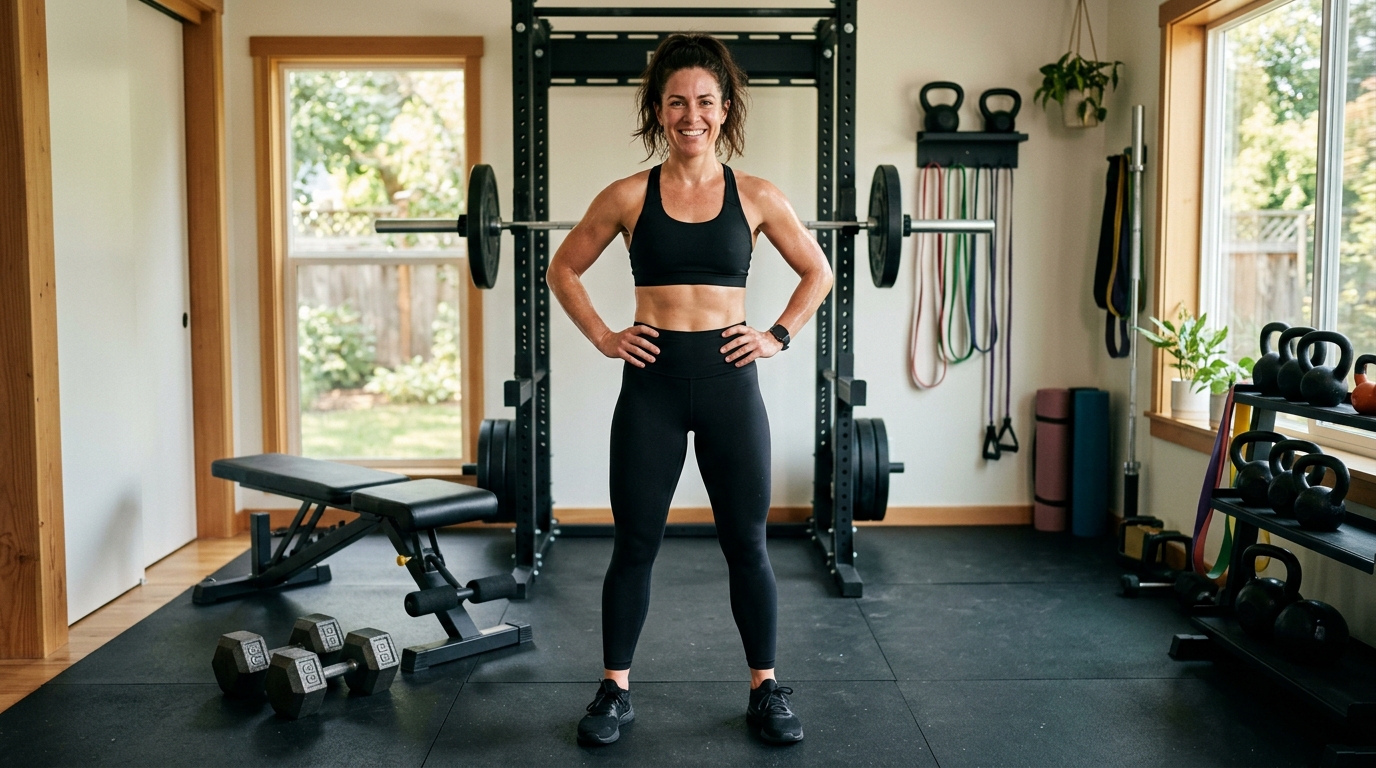 Woman standing confidently after finishing a total toning leg workout at home.