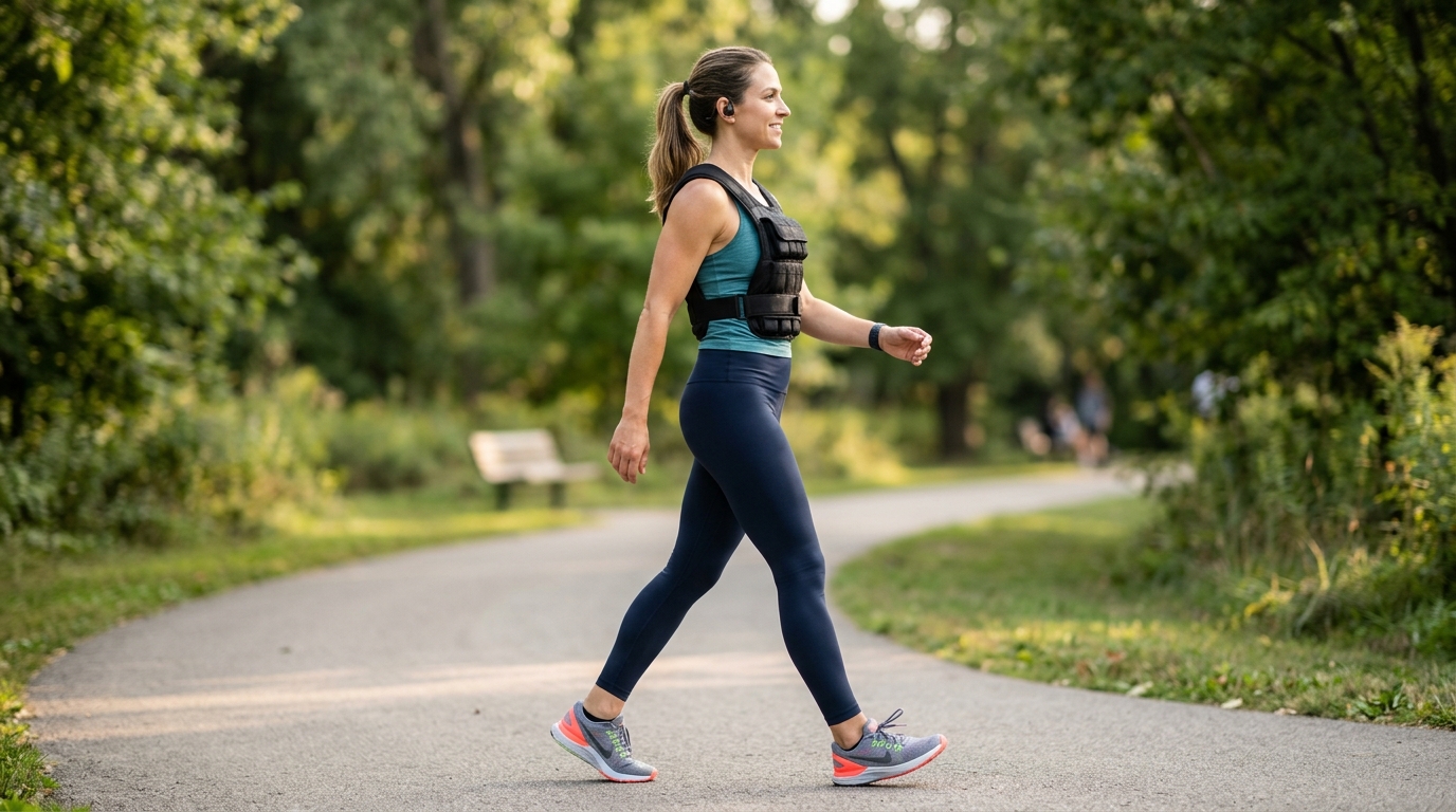Fit woman demonstrating proper walking form with a weighted vest, upright posture, relaxed shoulders, and natural stride.