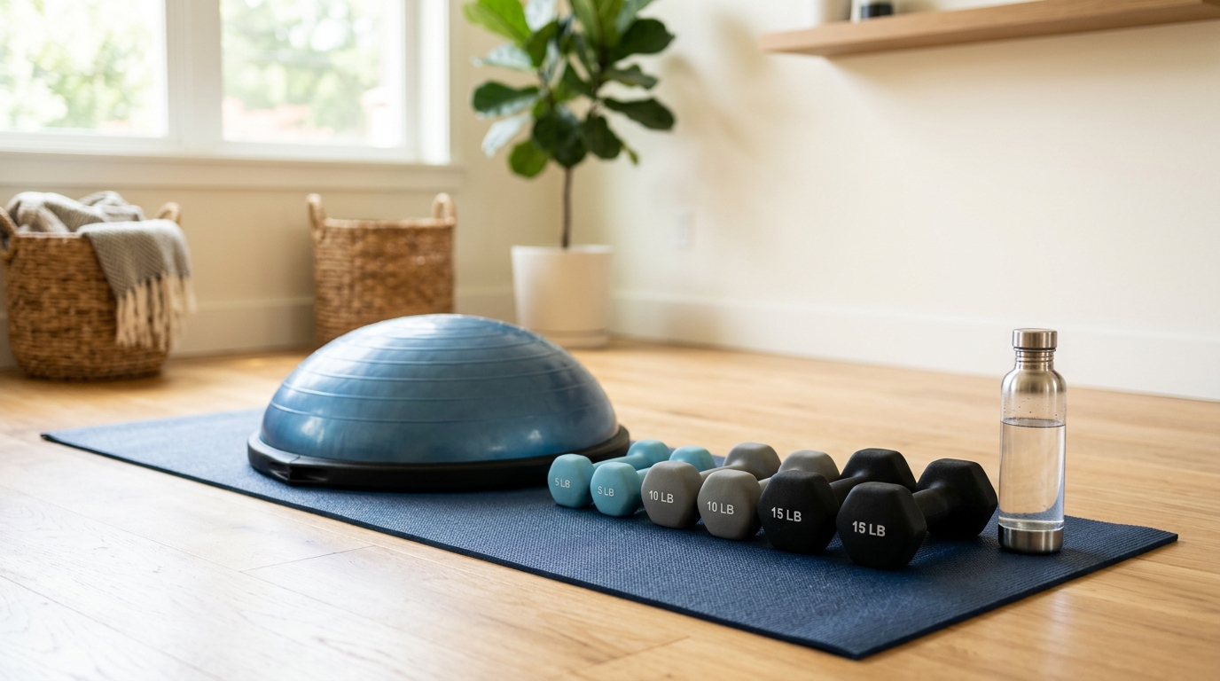 Bosu, dumbbells, exercise mat, and water bottle arranged for a 15-minute home workout.