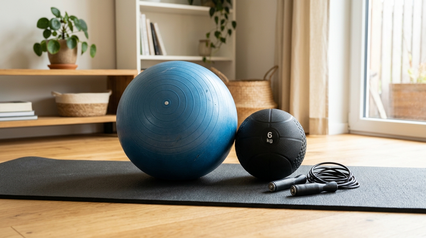 Fitness ball, mat, dumbbell, and jump rope arranged in a clean home workout space.