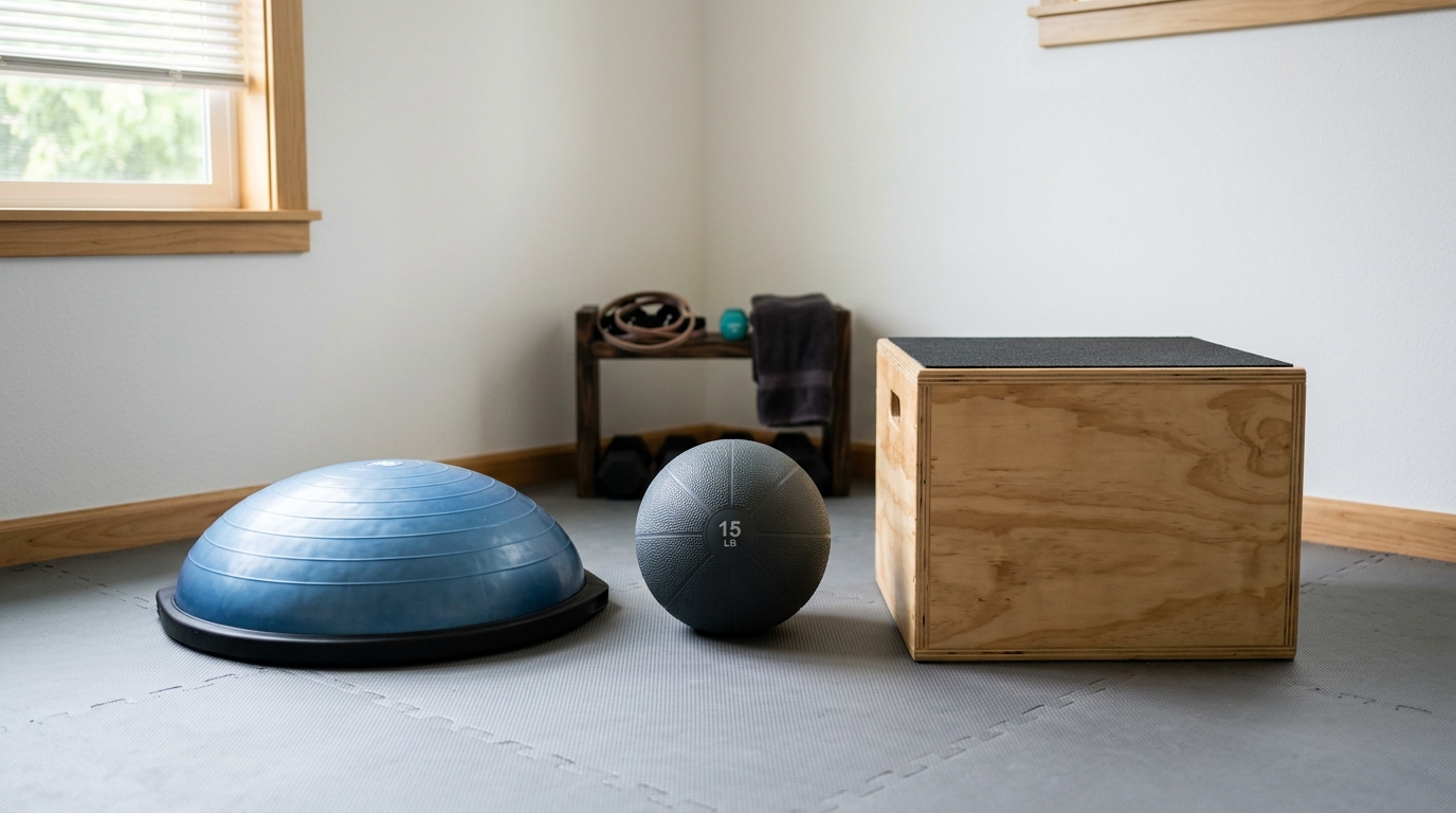 Bosu, medicine ball, and step-up box arranged in a clean home workout space.