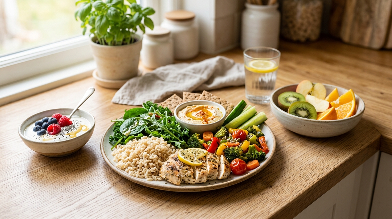 Balanced whole-food meals and healthy snacks that support fat loss and workouts.