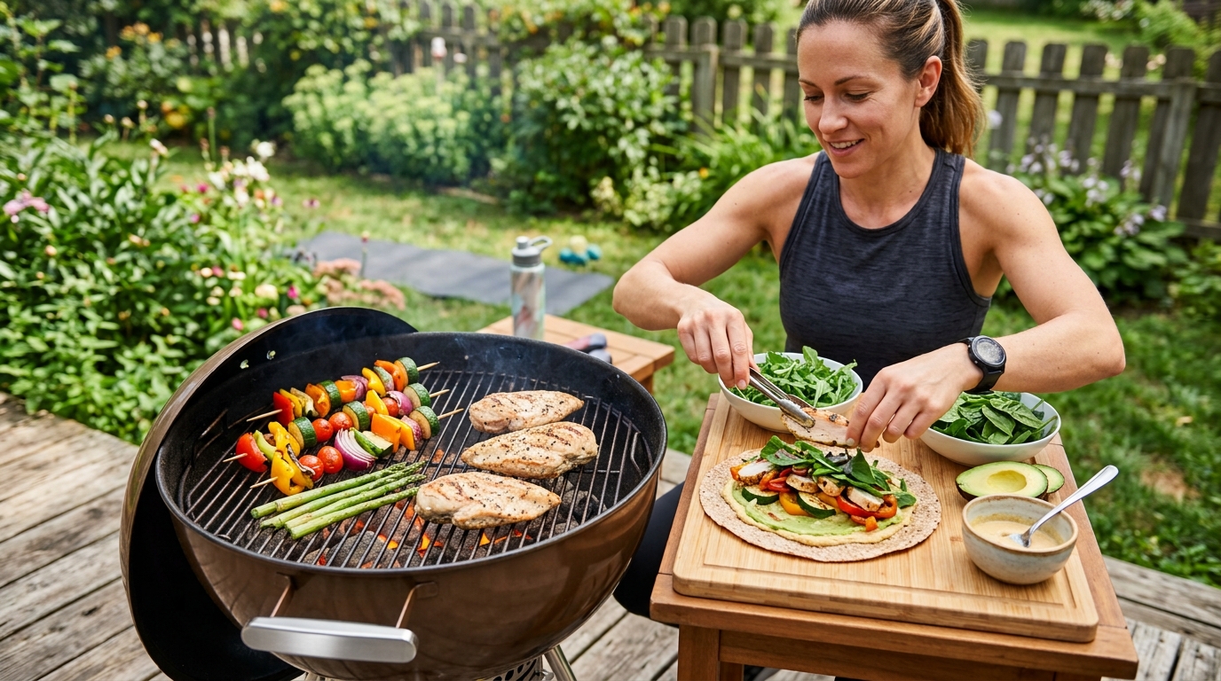 Healthy grilled chicken and vegetables prepared on a grill for a fitness-focused meal.