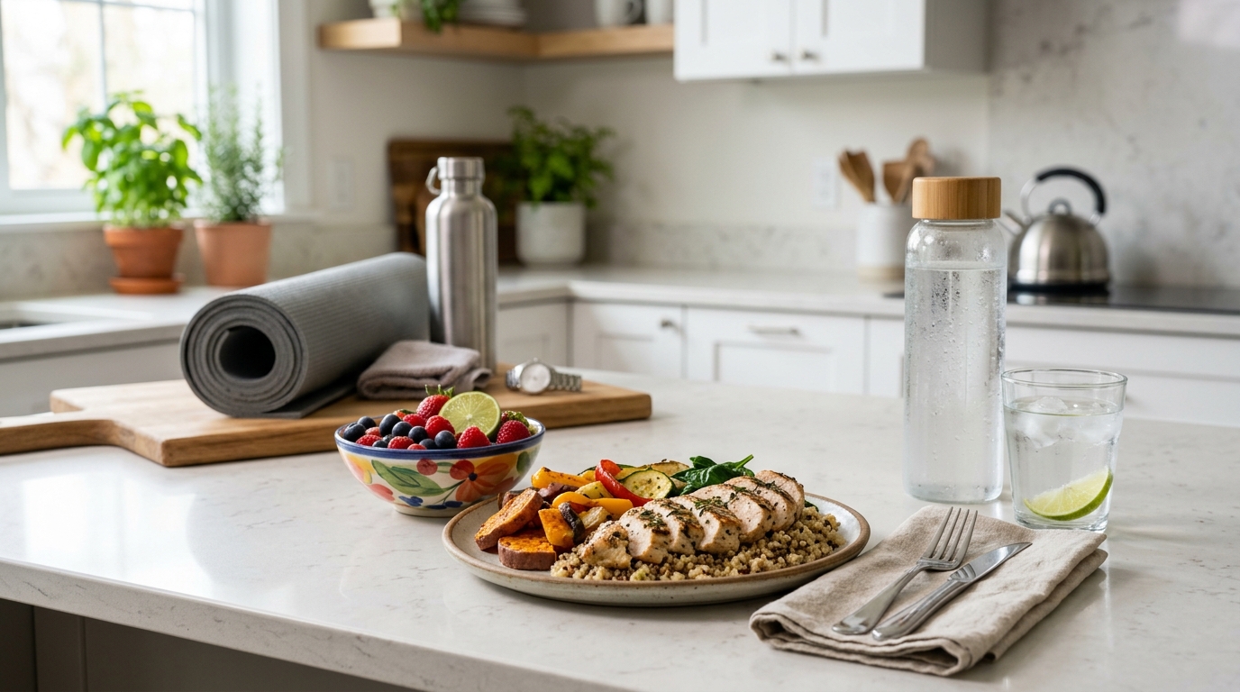 Healthy post-workout meal with lean protein, vegetables, fruit, and water after a bodyweight workout.