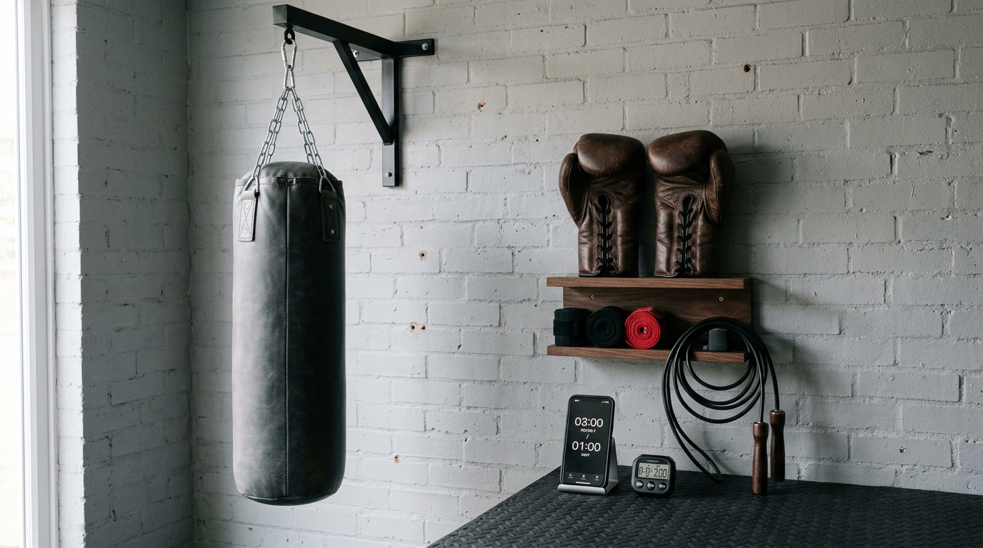 Home boxing equipment including a heavy bag, gloves, hand wraps, jump rope, and timer in a workout space.